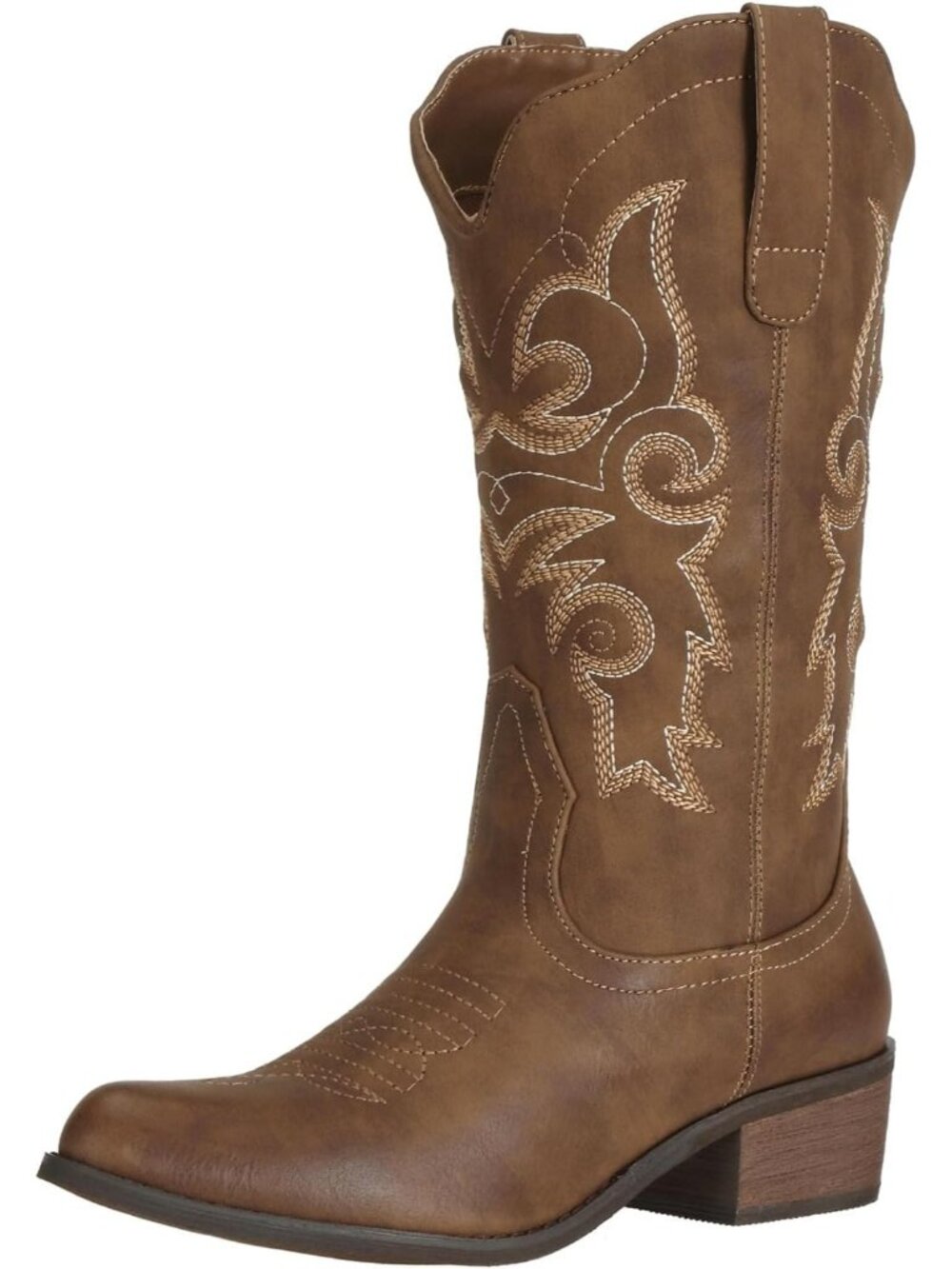Women’s Distressed Brown Western Cowboy Boots, Mid-Calf Wide Calf Cowgirl Boots